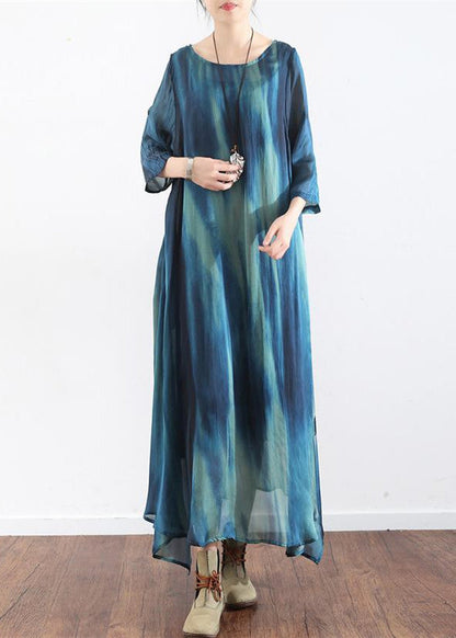 The Sea Blue Print Silk Dresses Causal Long Silk Caftans Oversize Gowns Bracelet Sleeves