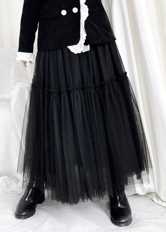 Modern Black Layered Design Ruffled Patchwork Tulle a Line Skirts Fall
