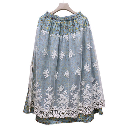 Cozy Linen Retro Embroidery Lace Mesh Skirt
