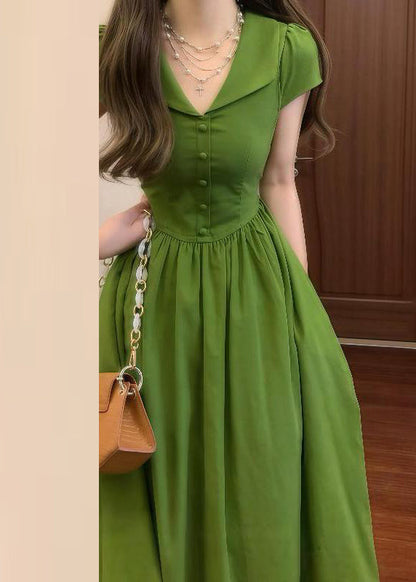 Green V Neck Wrinkled High Waist Cotton Maxi Dresses Summer