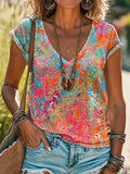 Vintage Floral Art Print 100%Cotton V-neck T-Shirt