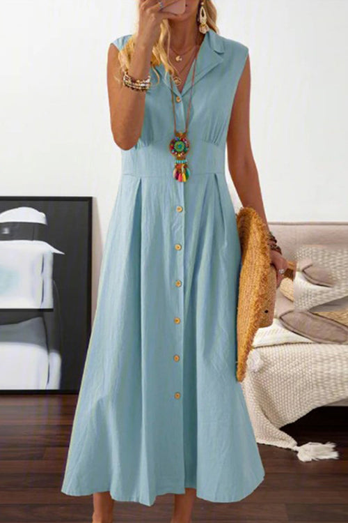 Lapel Button Sleeveless Midi Dress