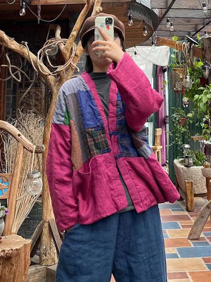 Spliced Button 100%linen Padded Coat