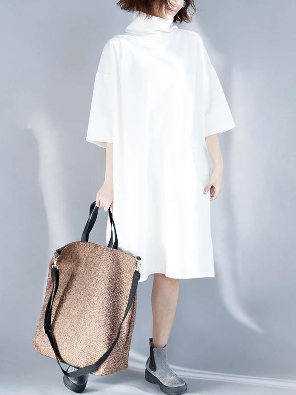 Simple White Cotton Tunic Dress High Neck Half Sleeve Oversized Dress