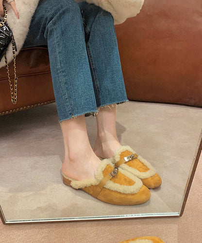 Yellow Slippers Shoes Splicing Fuzzy Wool Lined