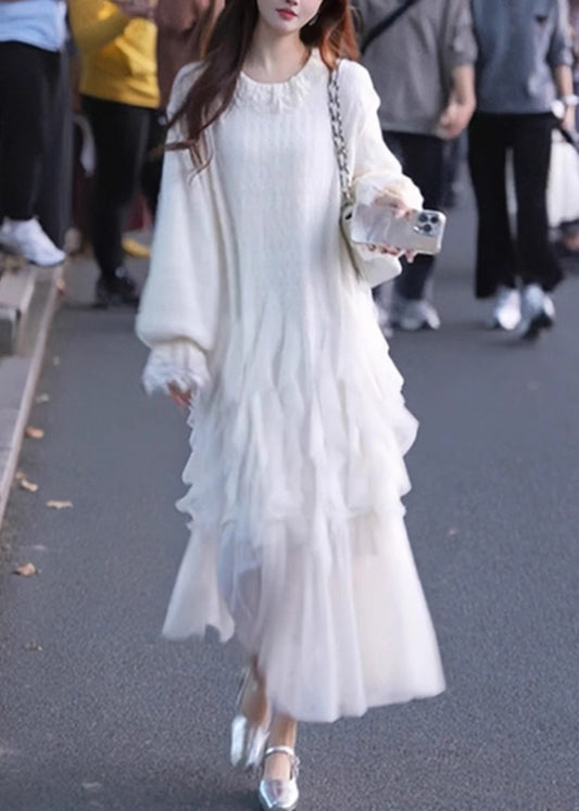 White Tulle Patchwork Maxi Dresses Butterfly Sleeve