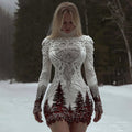 Women's Christmas Tree Forest Celtic Knot Jacquard Knit Turtleneck Mini Sweater Dress artswardrobe