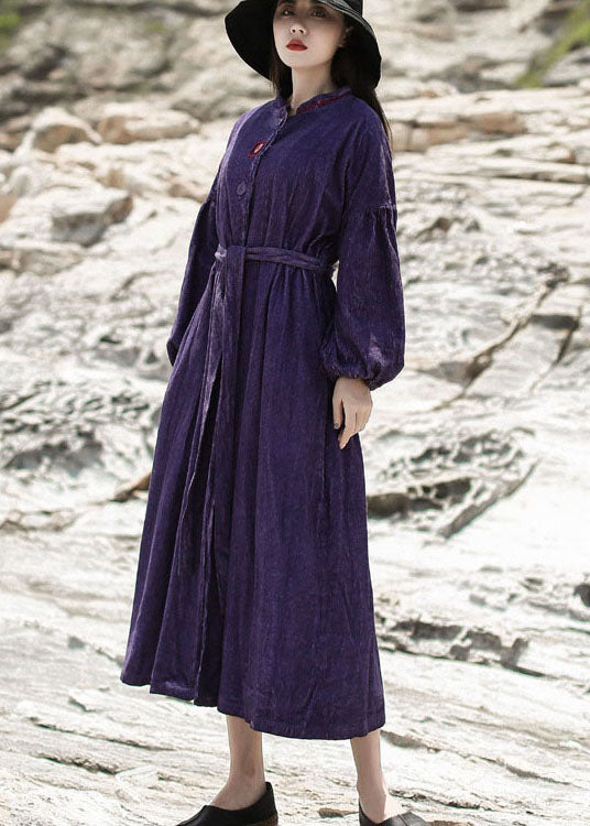 Purple Embroideried Pockets Corduroy Dress