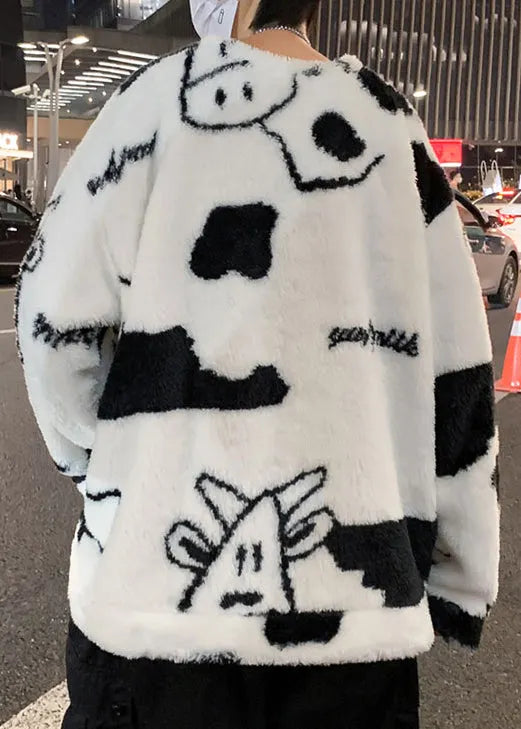 New White O Neck Cartoon Fluffy Sweatshirt Pajamas Winter