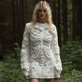 Women's Vintage Halloween Skeleton Bones With White Rose Art Cozy Knit Mini Sweater Dress artswardrobe