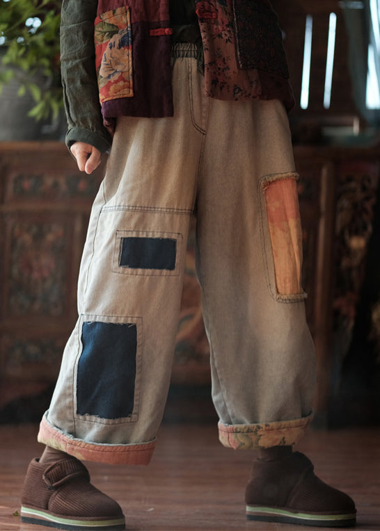 Photo Color Pockets Patchwork Thick Denim Crop Pants Spring