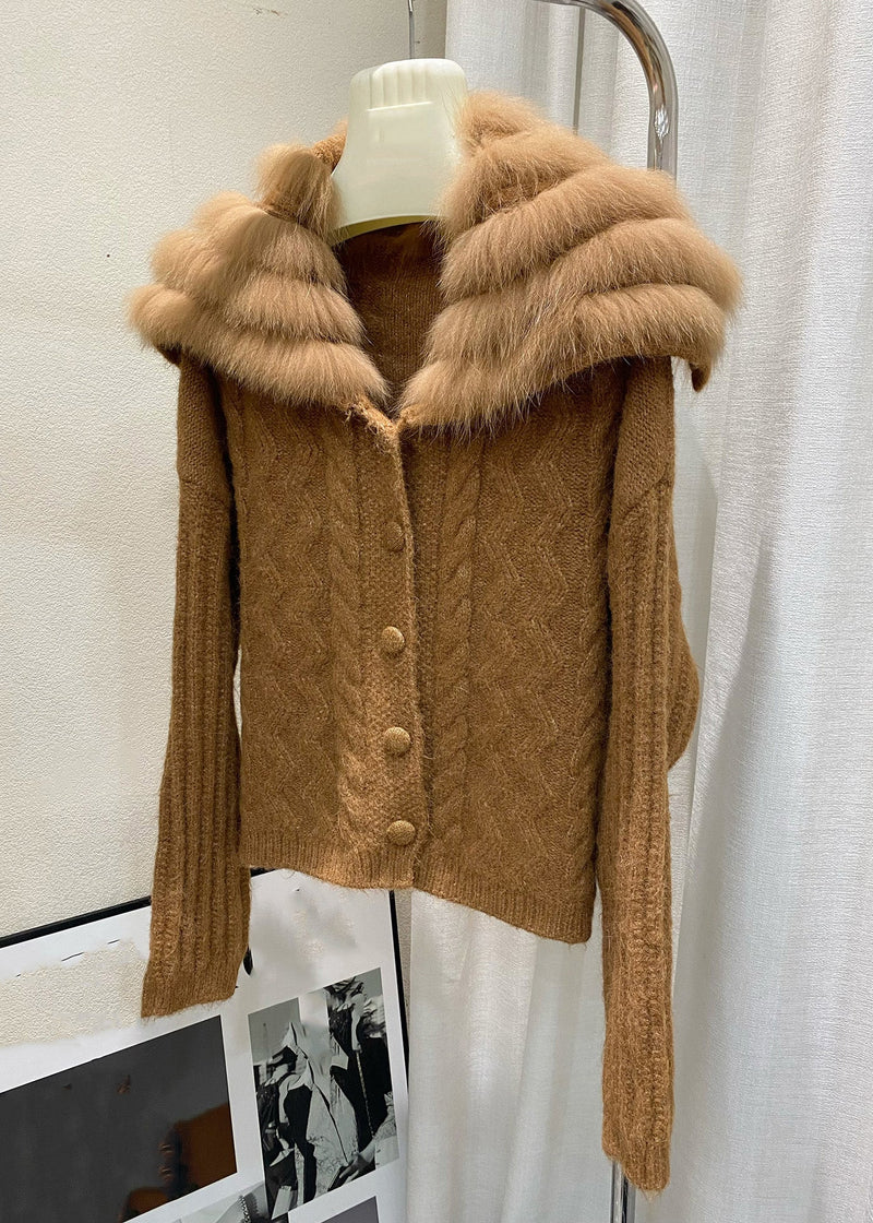 Italian Brown Sailor Collar Zippered Cotton Knit Cardigan Winter