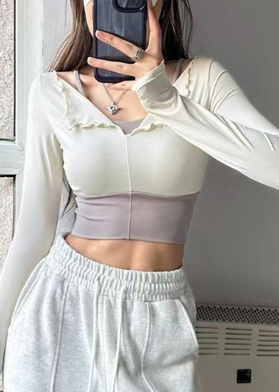 White Ruffled Patchwork Fake Two Pieces Long Sleeve Yoga Top