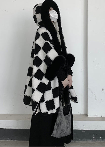 White Oversized Plaid Woolen Hooded Jacket Winter