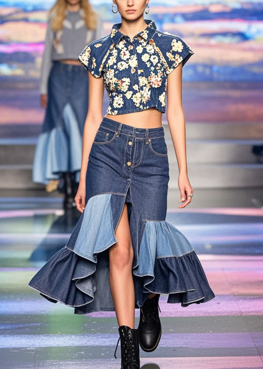 Blue Asymmetrical Patchwork Ruffles Denim Wraped Skirts Spring