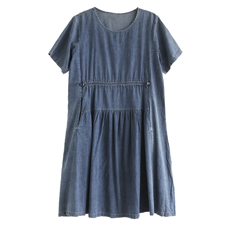 Literary Tencel Denim Mid Length Short Sleeve Dress