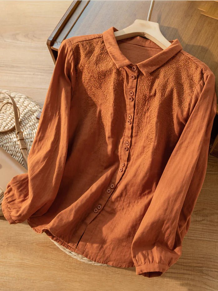 Embroidered Long Sleeve Linen Shirt Top