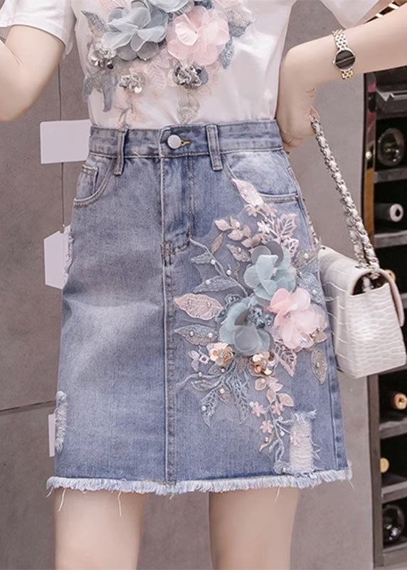 Stylish Blue Patchwork High Waist Nail Bead Denim Skirt