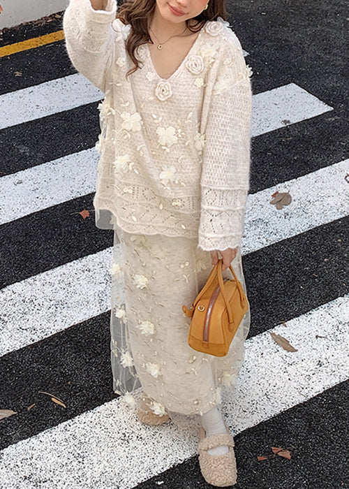 Beige Hollow Out Sweaters and Skirts Patchwork Knit Two Piece Set Fall