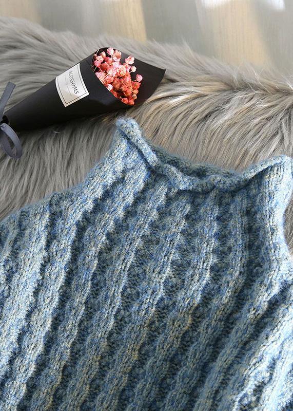 Beige Knitted Pullover Low High Design Clothing Half High Neck Knit Sweat Tops