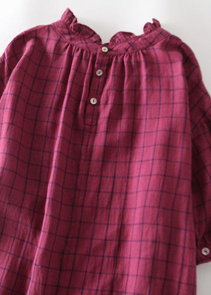 Rose Plaid Ruffled Pockets Patchwork Linen Dresses Summer