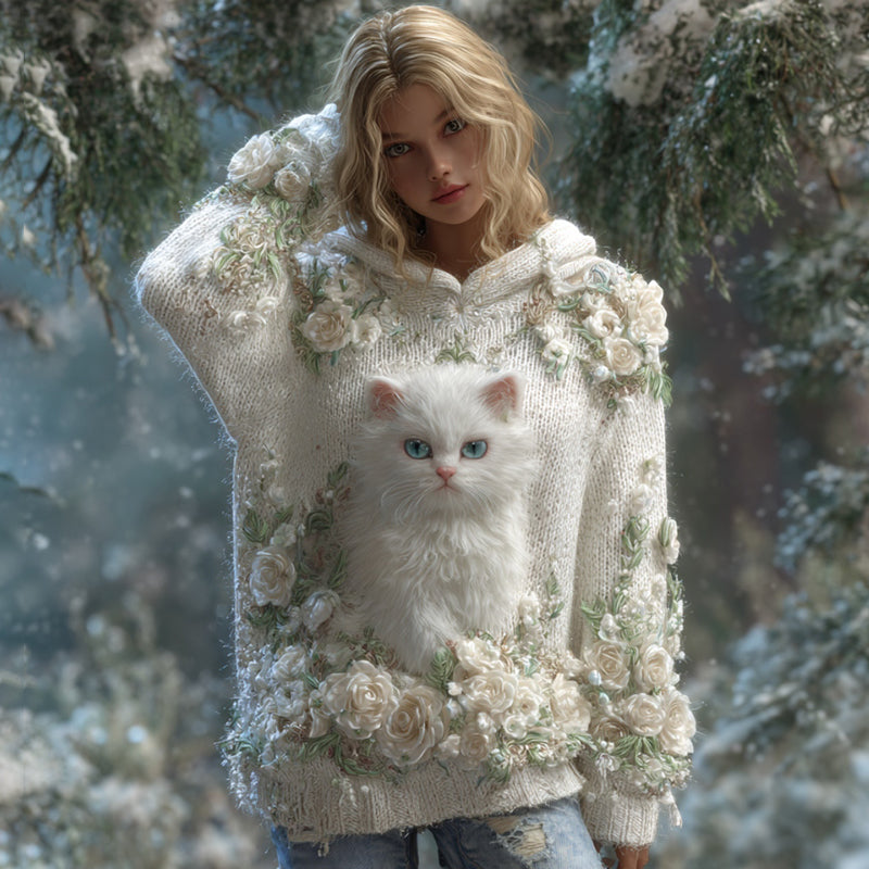 Cute Cat Rose Knitted Jacquard Hooded Sweater elevenforest
