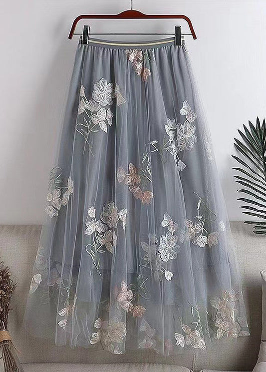 Grey Embroidered Elastic Waist Tulle Skirts Spring