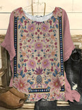 Comstylish Vintage Floral Art Print Casual Linen Blend Shirt