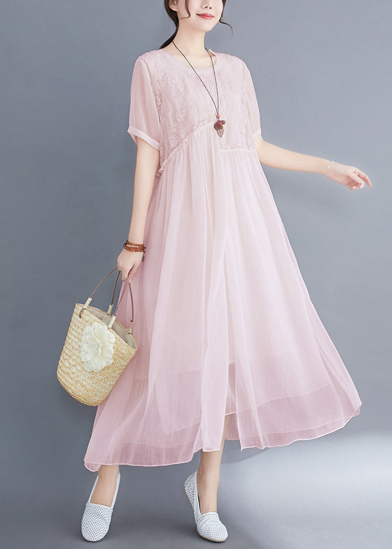 Italian Pink Cinched Embroidered Silk Dress Short Sleeve