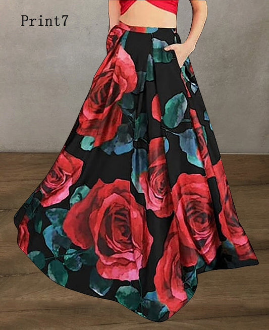 Black -red Print High Waist Pockets Print Cotton a Line Skirt Summer
