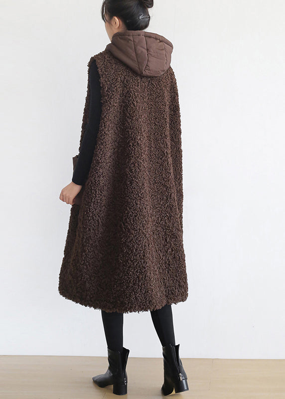 Coffee Colour Pockets Thick Woolen Hoodies Waistcoat Sleeveless