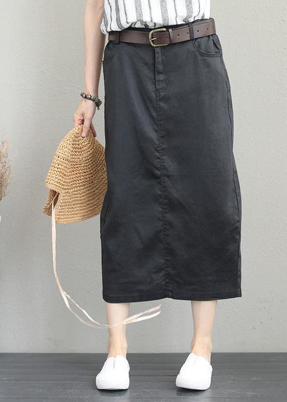 Khaki Ramie Mid-length Skirt With Elastic Waist