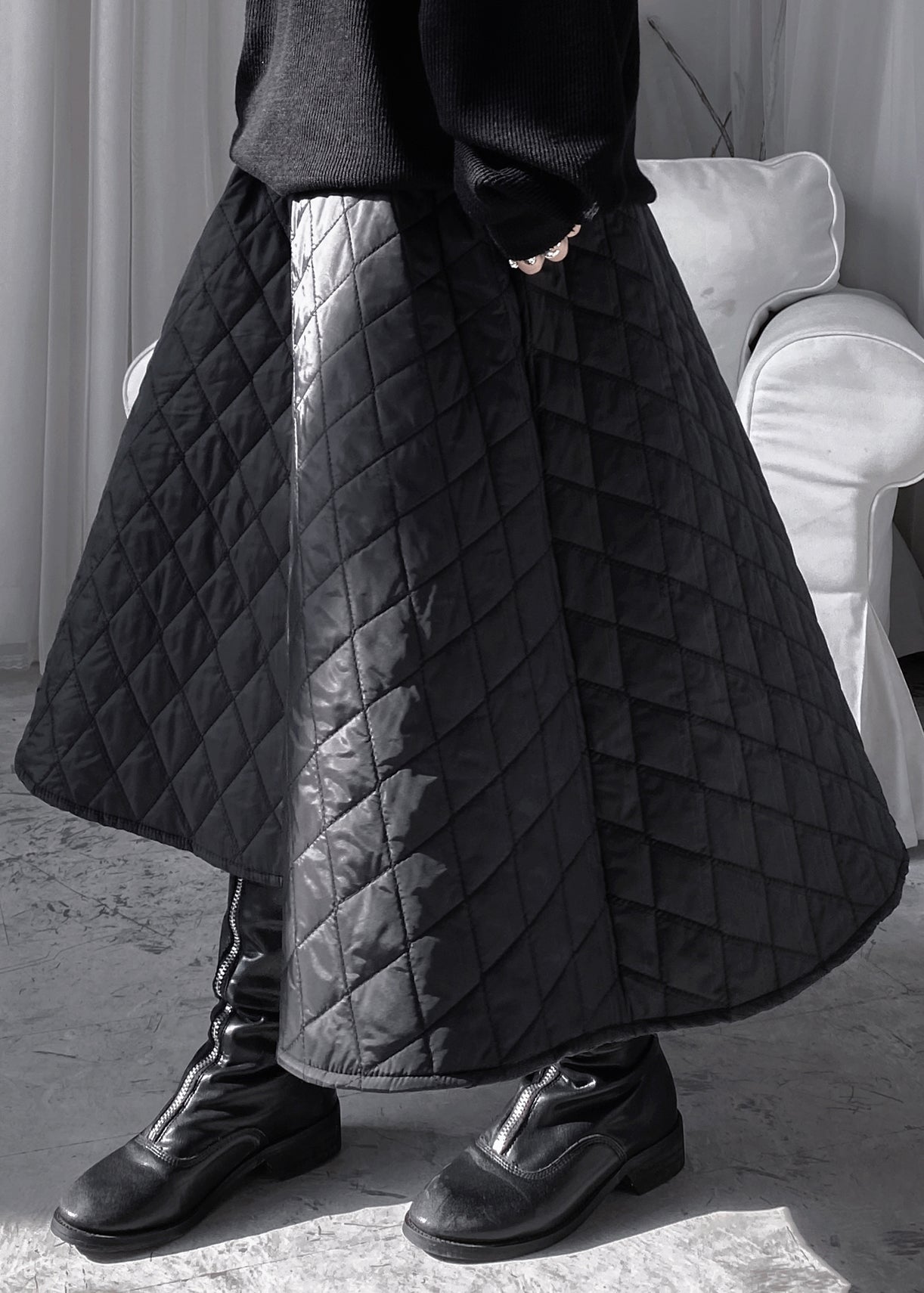 Natural Black Plaid Patchwork Thick a Line Skirts Fall