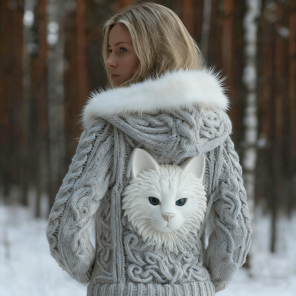 Viking Retro Cat Design Women's Hooded Knit Sweater Jacket elevenforest