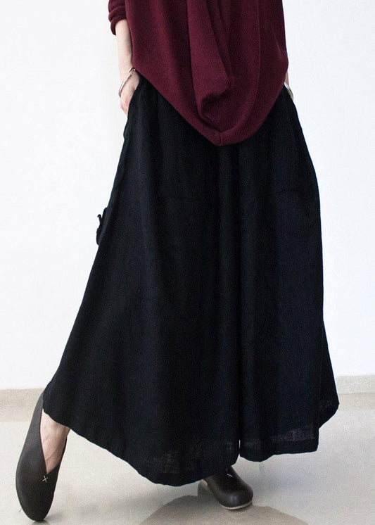 Black Retro Drawstring Folds Gradient Loose Large Size Wide Leg Pants Thick Cotton Linen Skirt Pants