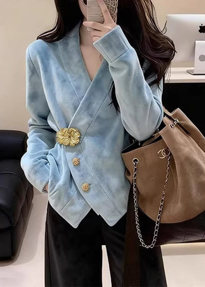Stylish Blue V Neck Button Faux Suede Coats Spring