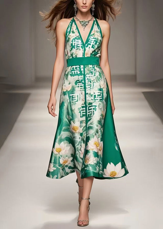 Green Cinched Print Silk Halter Dresses Summer