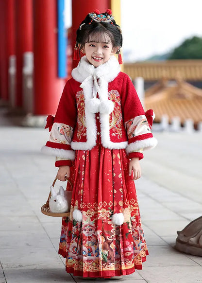 Unique Red Patchwork Button Kids Coats and Maxi Skirts Two Pieces Set Winter