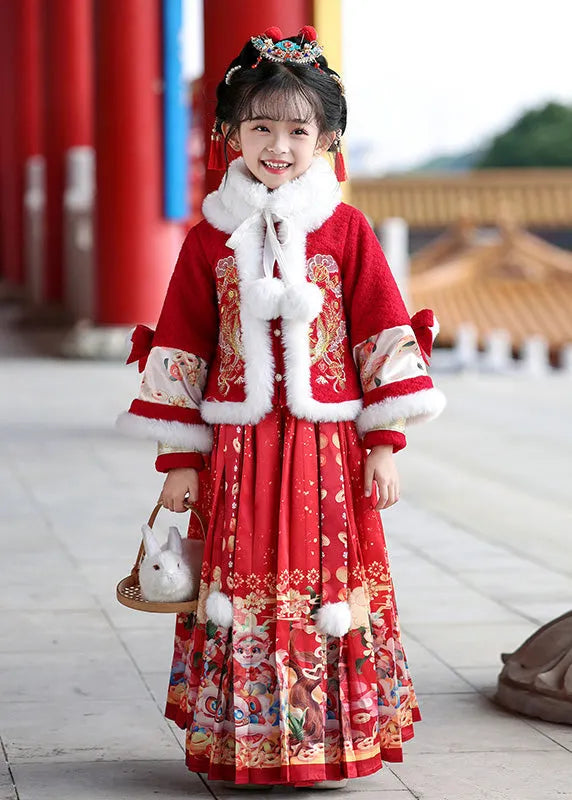 Unique Red Patchwork Button Kids Coats and Maxi Skirts Two Pieces Set Winter