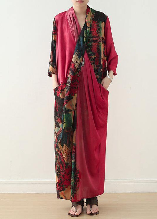 Beach Red Print Chiffon Clothes for V Neck Patchwork Dresses Dresses