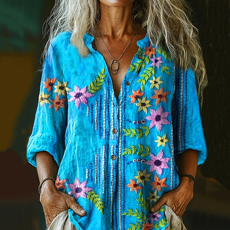 Women's Ethnic Floral Print Casual Cotton And Linen Shirt elevenforest