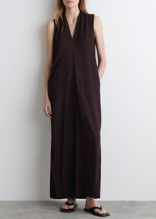 Chocolate V Neck Cotton Straight Dress Sleeveless