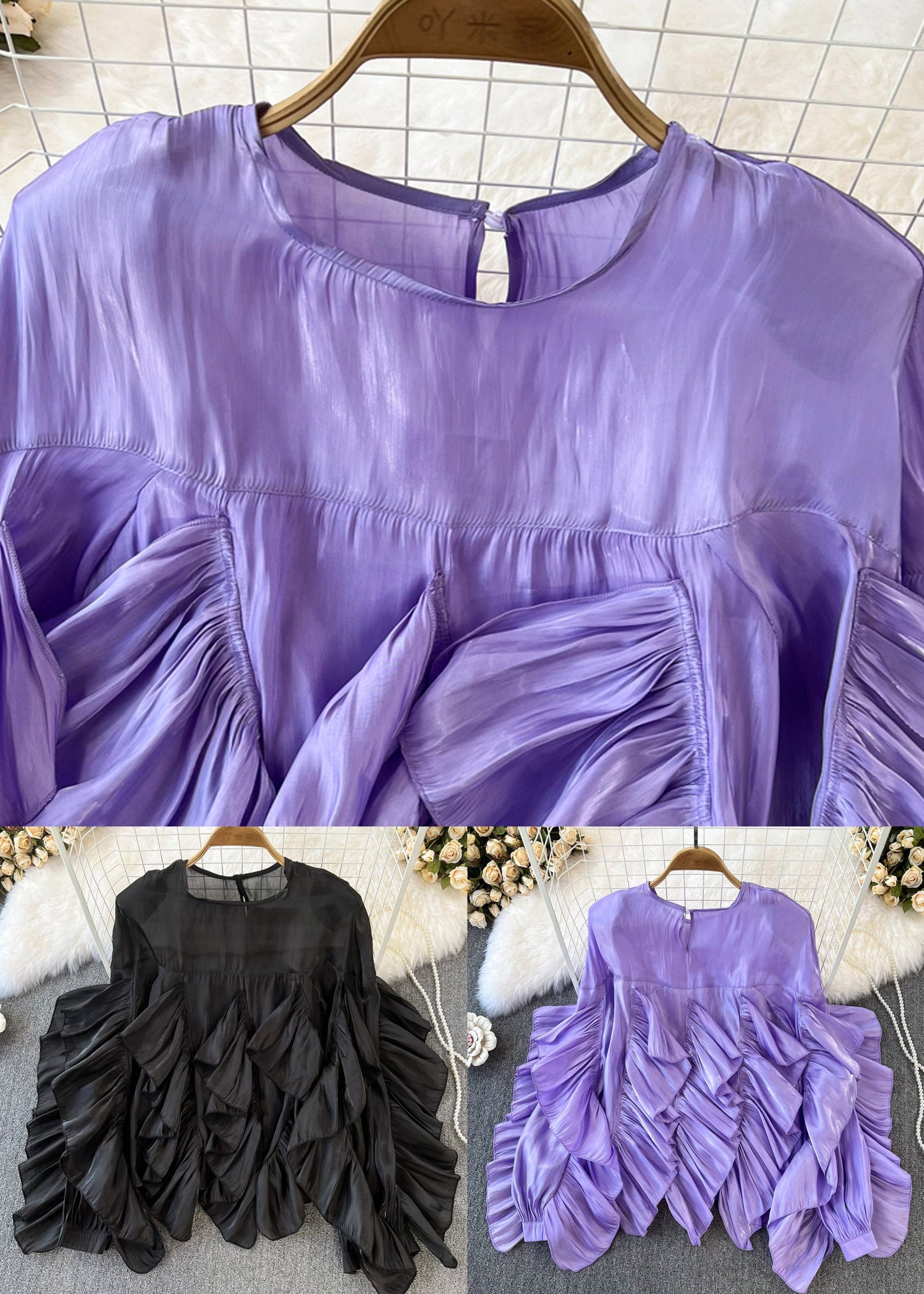 Black O-neck Ruffled Patchwork Button Silk Top Long Sleeve