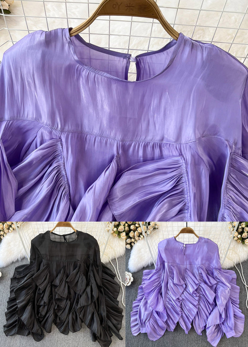Black O-neck Ruffled Patchwork Button Silk Top Long Sleeve