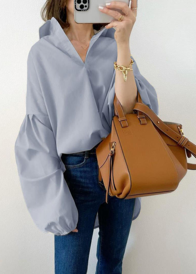 Sky Blue Oversized Cotton Shirt Top Lantern Sleeve