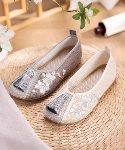 White Tassel Embroidery Linen Fabric Flat Feet Shoes