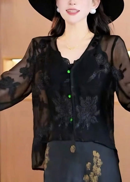 Black V Neck Jacquard Chiffon Top Fall