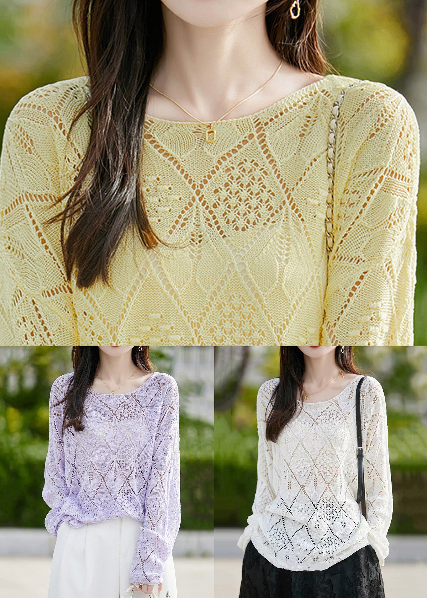 Yellow Hollow Out Knit Sweater O Neck Long Sleeve