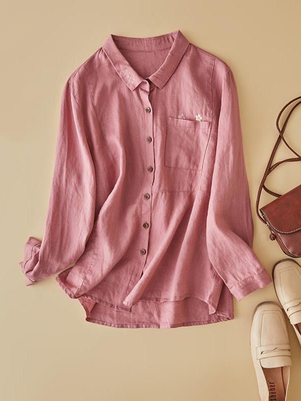 100% Linen Print Lapel Shirt in One-size in Color
