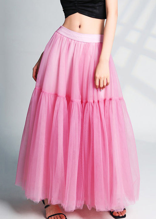 Pink Wrinkled High Waist Tulle Skirts Summer